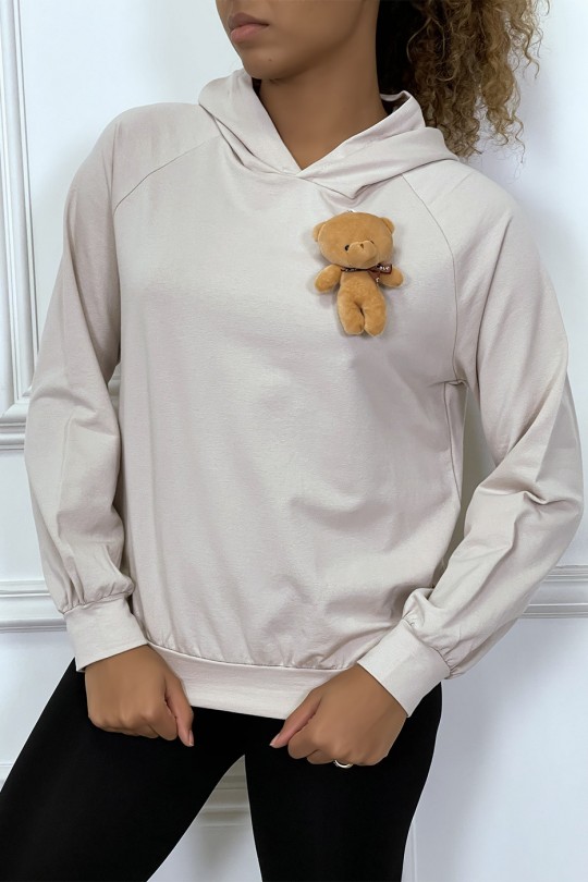 Beige hooded sweatshirt with cuddly brooch - 3