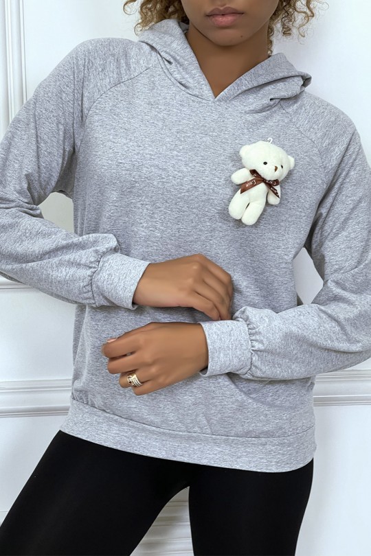 Gray hoodie with cuddly brooch - 1