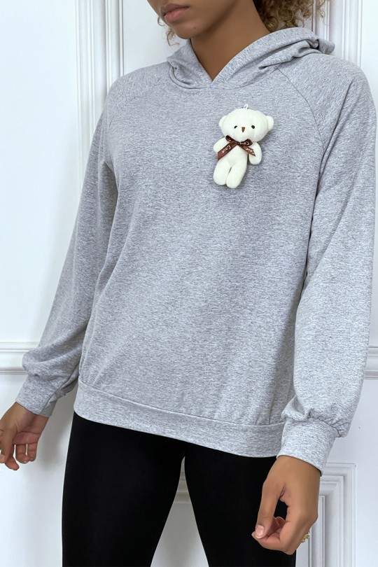 Gray hoodie with cuddly brooch - 2