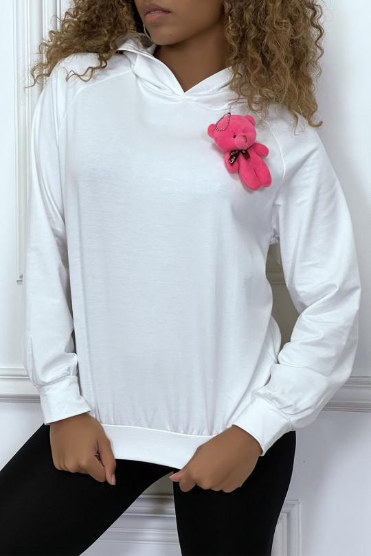 White hooded sweatshirt with cuddly brooch - 2