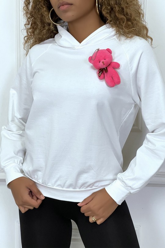 White hooded sweatshirt with cuddly brooch - 1