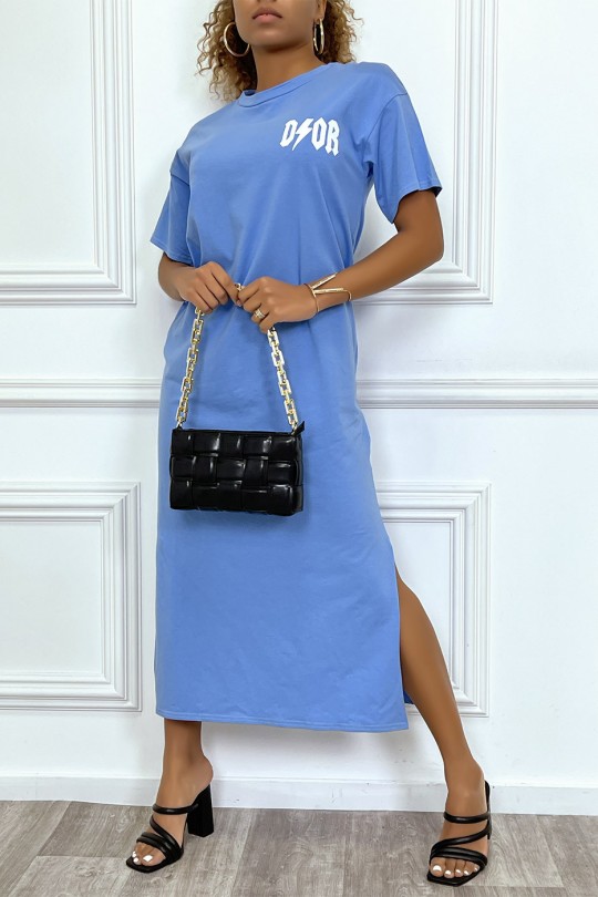 Long turquoise dress with short sleeves, "D / gold" writing, with slits - 1