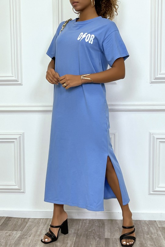 Long turquoise dress with short sleeves, "D / gold" writing, with slits - 5