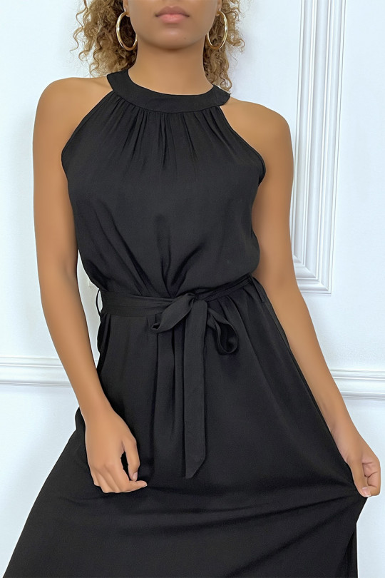 Lange zwarte effen mouwloze jurk met ronde hals - 1