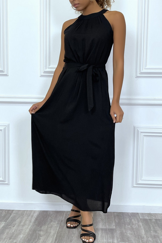 Lange zwarte effen mouwloze jurk met ronde hals - 4
