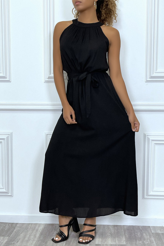 Lange zwarte effen mouwloze jurk met ronde hals - 6