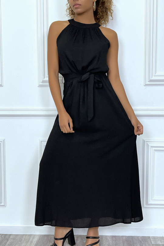 Long black solid color round neck sleeveless dress - 7