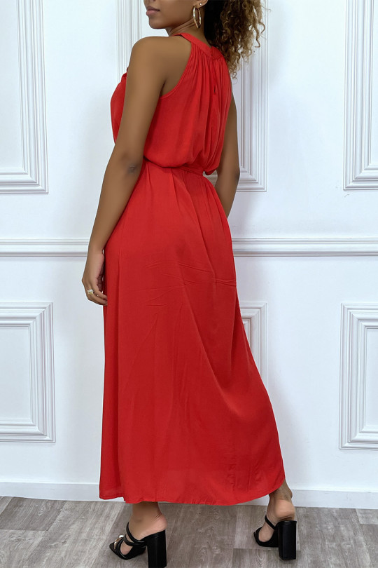 Lange effen rode mouwloze jurk met ronde hals - 4