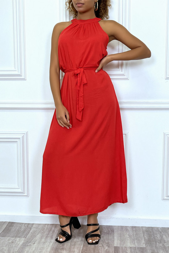 Lange effen rode mouwloze jurk met ronde hals - 2