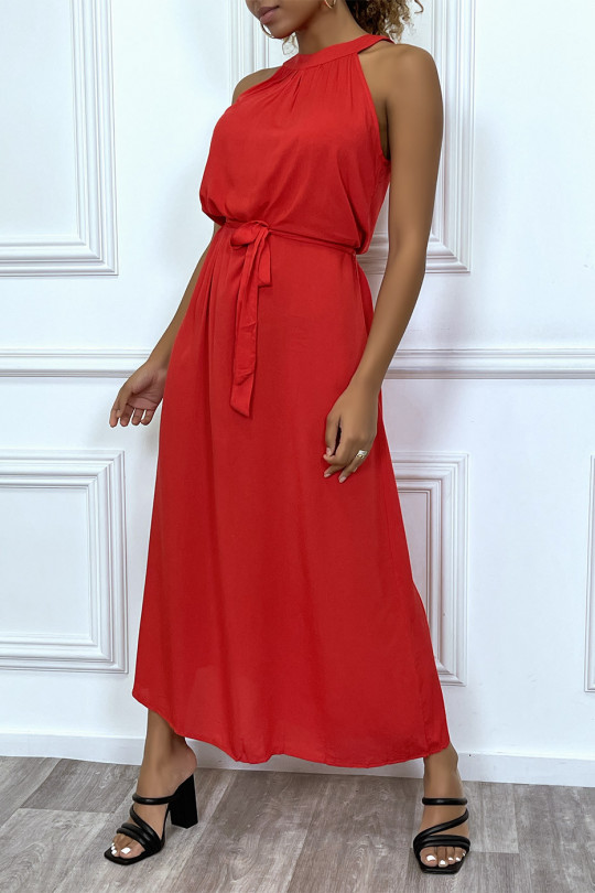 Lange effen rode mouwloze jurk met ronde hals - 3