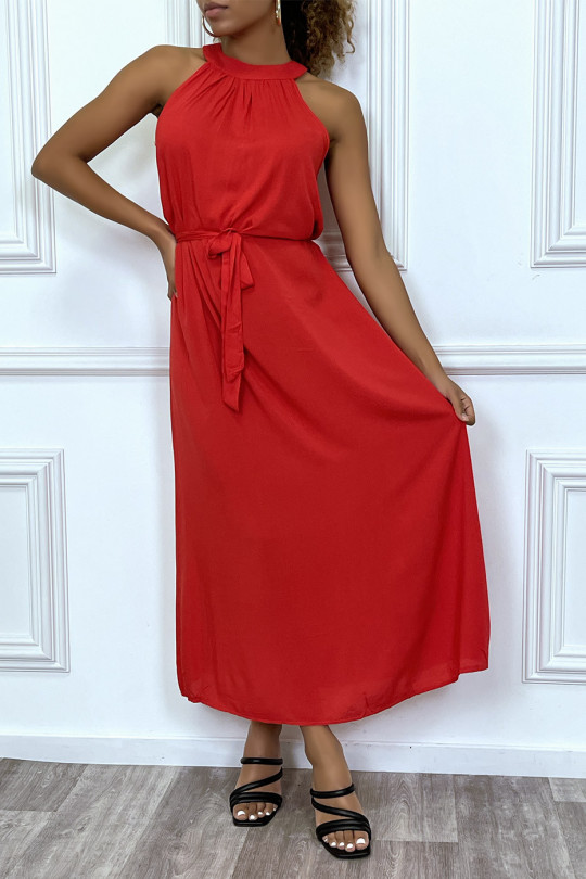 Lange effen rode mouwloze jurk met ronde hals - 5