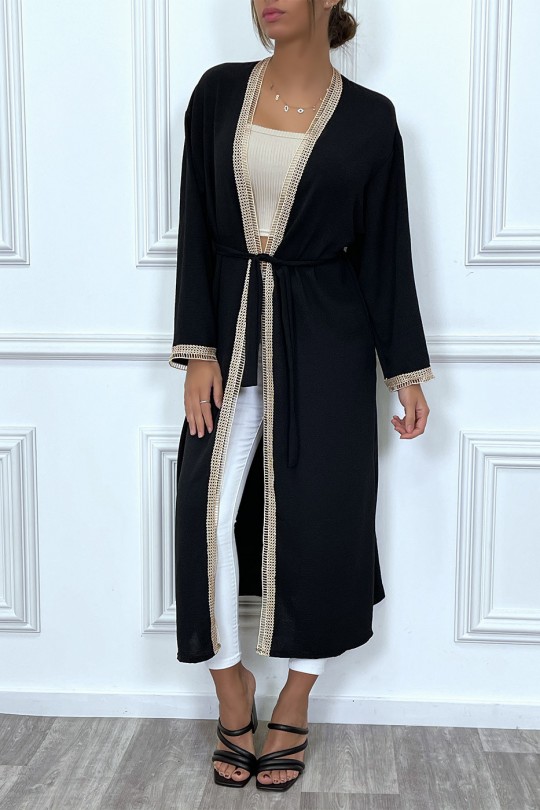 Kimono noir à bordure brodé beige et ceinture - 1