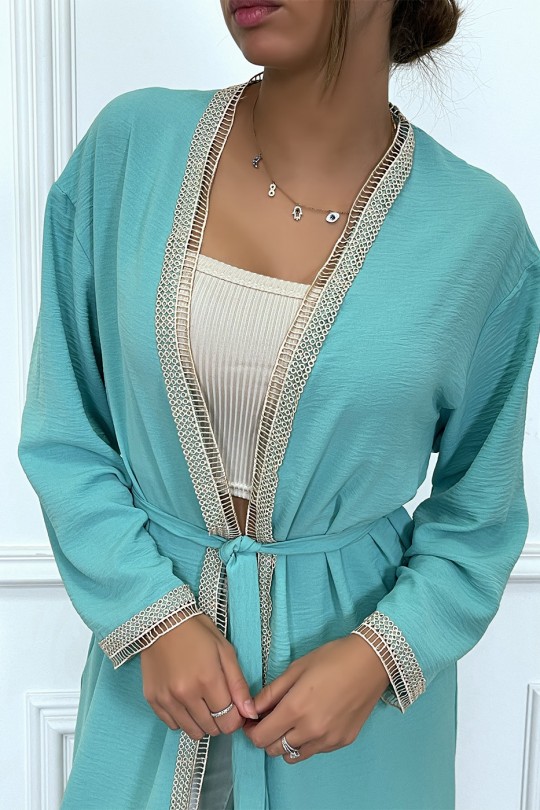 Turquoise kimono with beige embroidered border and belt - 3