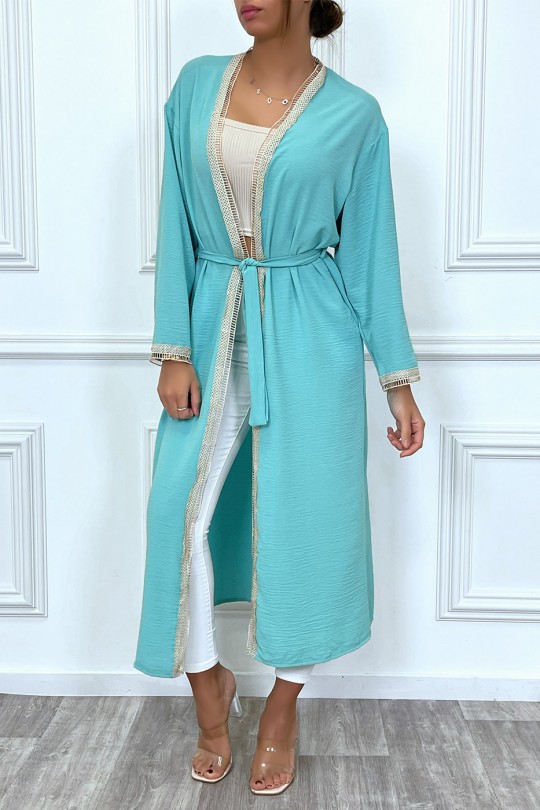 Turquoise kimono with beige embroidered border and belt - 2