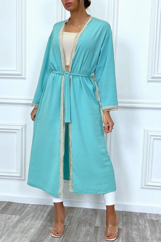 Turquoise kimono with beige embroidered border and belt - 1