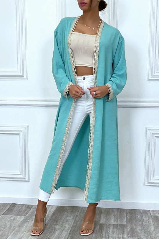 Turquoise kimono with beige embroidered border and belt - 5