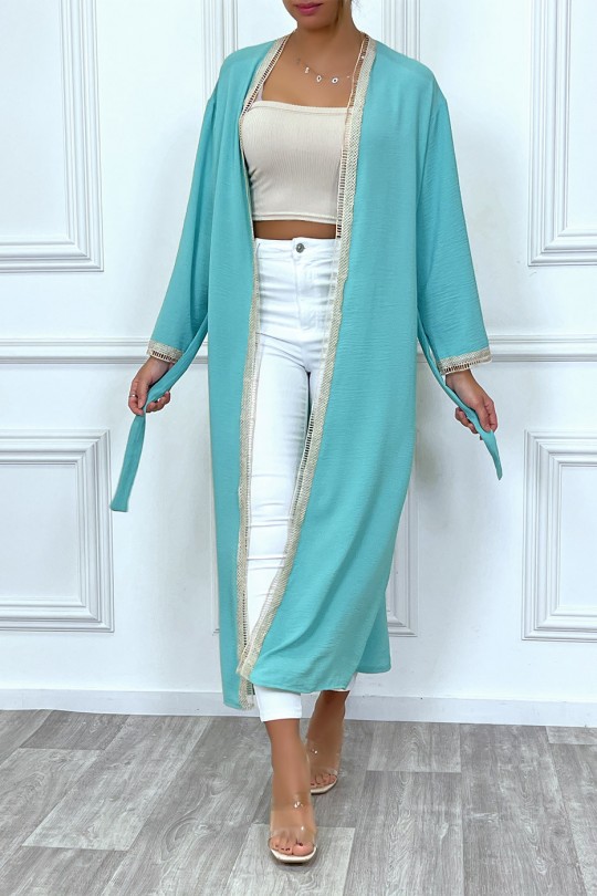 Turquoise kimono with beige embroidered border and belt - 6