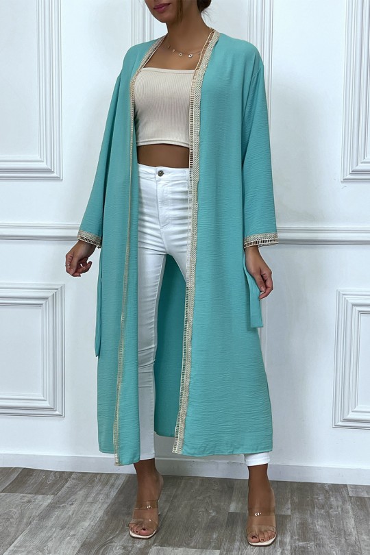 Turquoise kimono with beige embroidered border and belt - 8