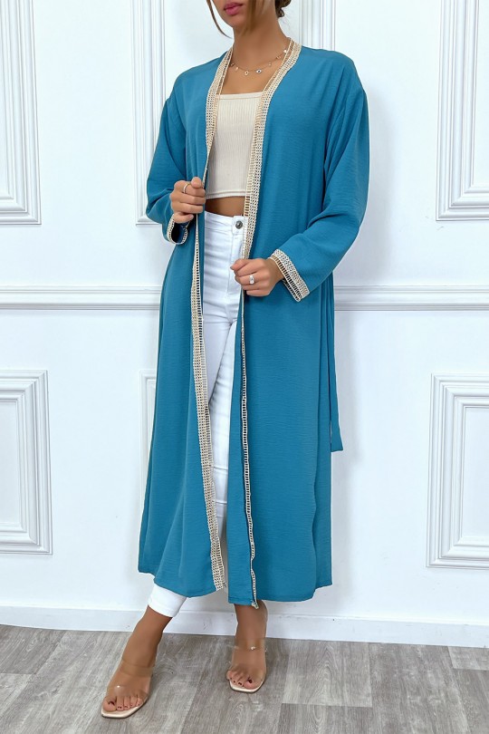 Kimono bleu canard à bordure brodé beige et ceinture - 3