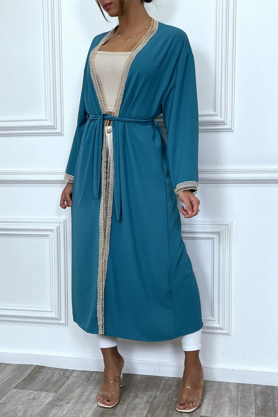 Kimono bleu canard à bordure brodé beige et ceinture - 6