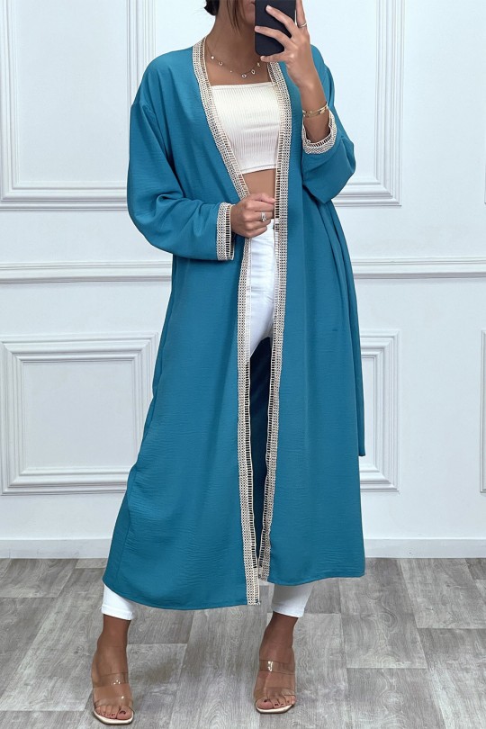 Kimono bleu canard à bordure brodé beige et ceinture - 2