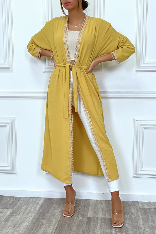 Mustard kimono with beige embroidered border and belt - 2