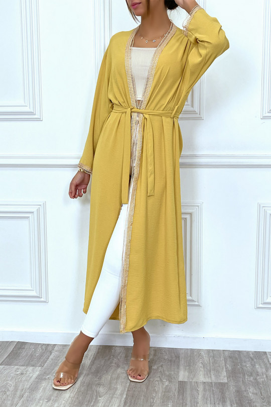 Mustard kimono with beige embroidered border and belt - 3