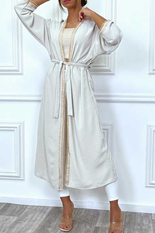 Beige kimono with beige embroidered border and belt - 2