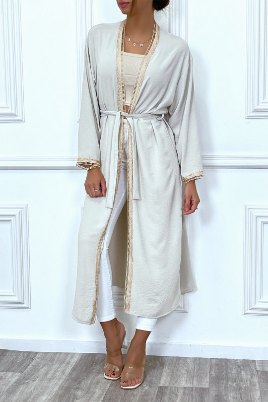 Beige kimono with beige embroidered border and belt - 1