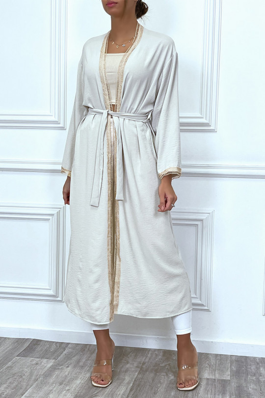 Beige kimono with beige embroidered border and belt - 4
