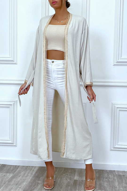 Beige kimono with beige embroidered border and belt - 3