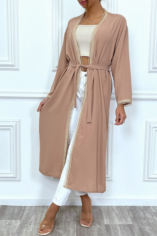 Kimono rose à bordure brodé beige et ceinture - 5