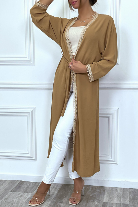 Kimono camel à bordure brodé beige et ceinture - 10