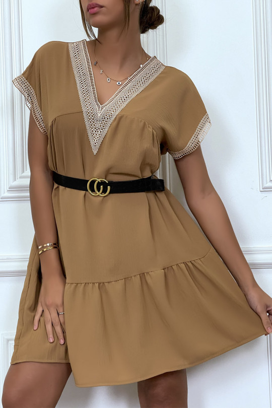 Camel dress with embroidery on the collar and sleeve - 3