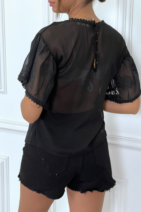 Transparent black top in veil and floral embroidery - 2