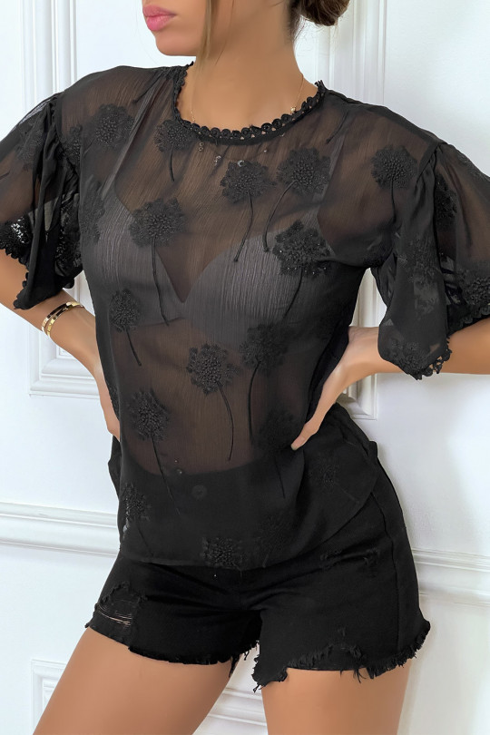 Transparent black top in veil and floral embroidery - 4