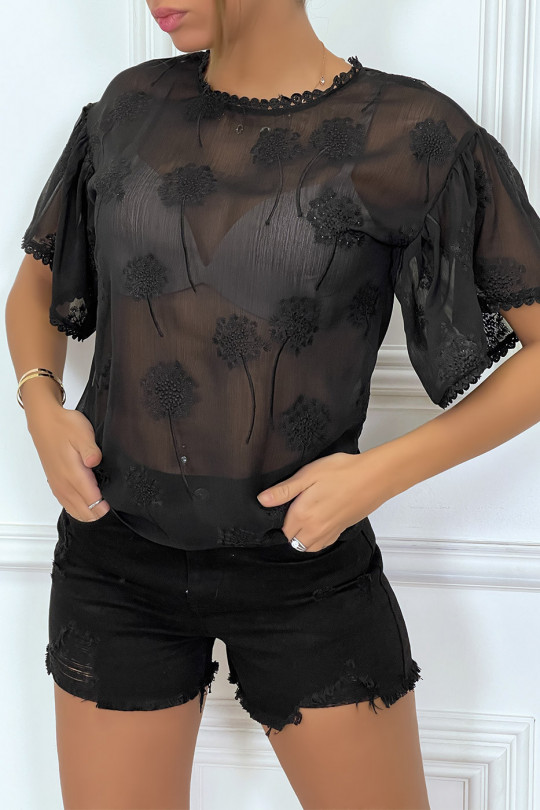 Transparent black top in veil and floral embroidery - 5