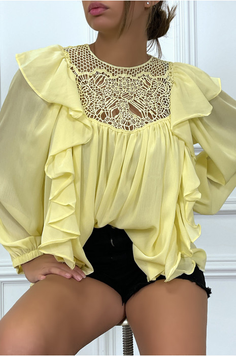 Blouse jaune à volant avec buste brodé - 2