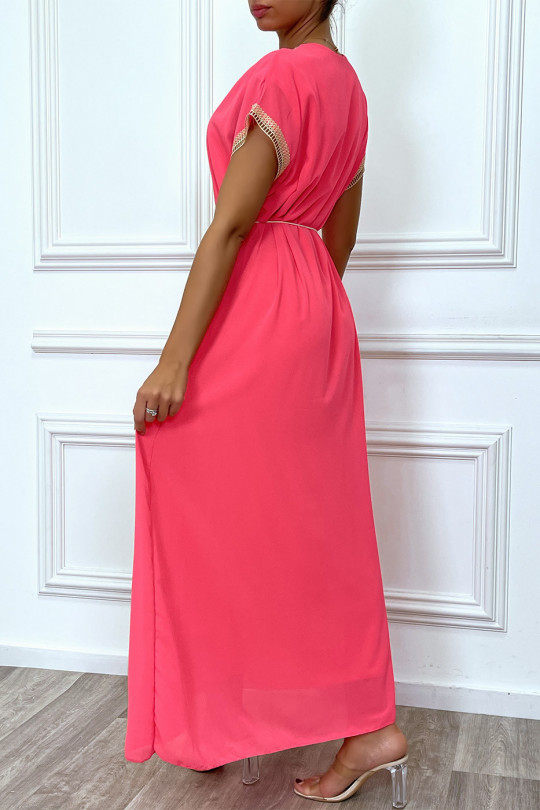 Robe longue rose fuchsia avec broderie et ceinture lacet beige - 1