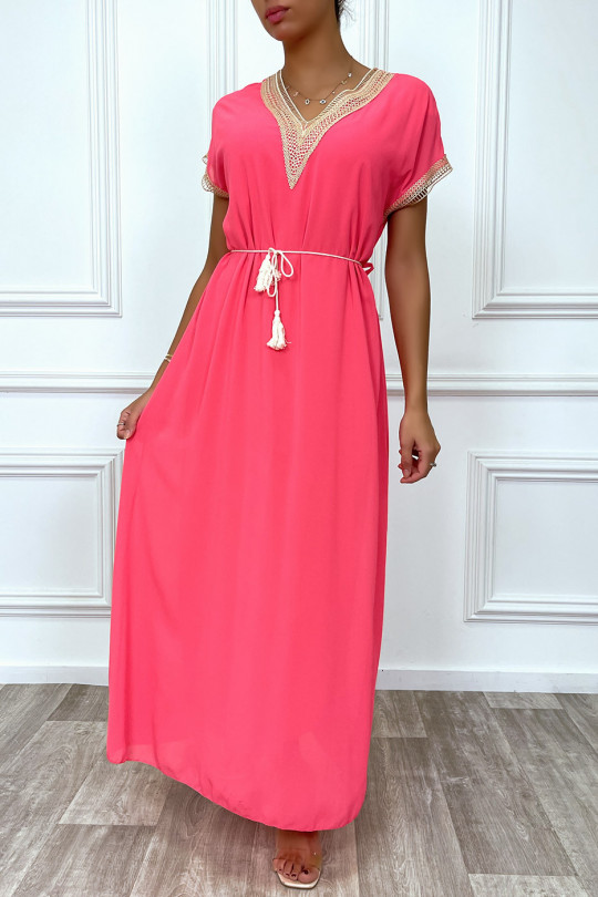 Robe longue rose fuchsia avec broderie et ceinture lacet beige - 3