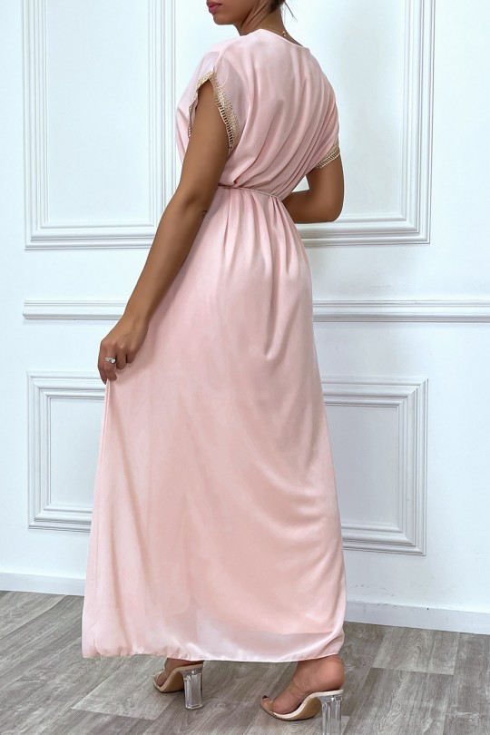 Long pink dress with embroidery and beige lace belt - 1
