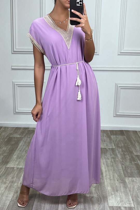 Robe longue lila avec broderie et ceinture lacet beige - 1