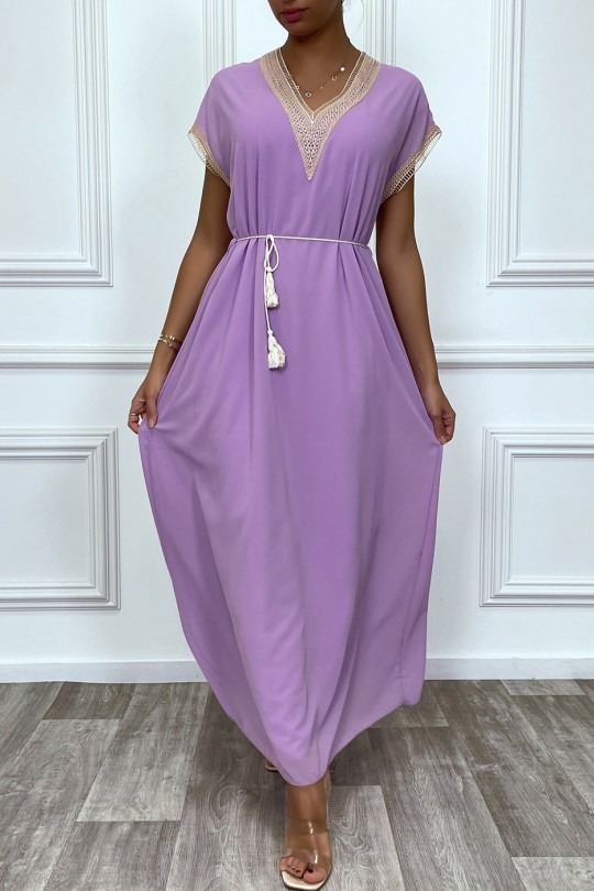 Robe longue lila avec broderie et ceinture lacet beige - 4