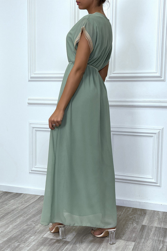 Long sea green dress with embroidery and beige lace belt - 1