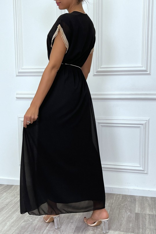 Long black dress with embroidery and beige lace belt - 1