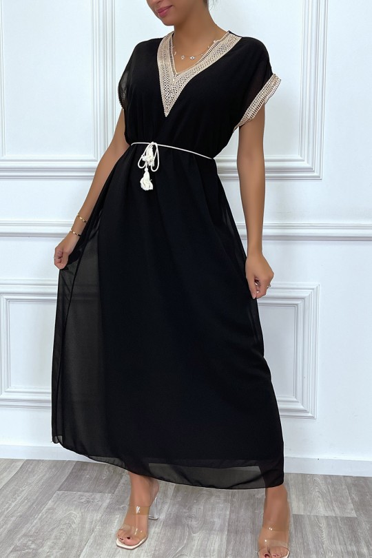 Long black dress with embroidery and beige lace belt - 6