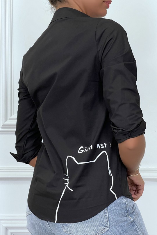 Fitted black shirt with cat illustration - 1