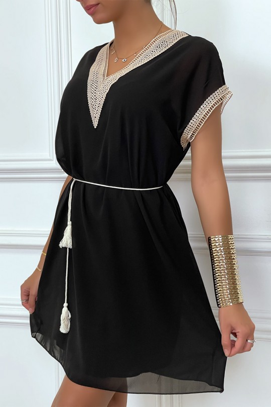 Black tunic dress with embroidery and beige lace belt - 2