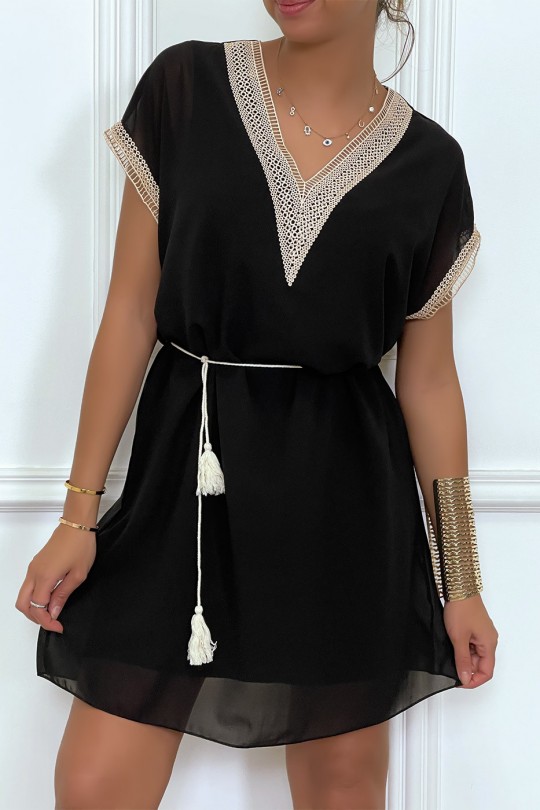 Black tunic dress with embroidery and beige lace belt - 3