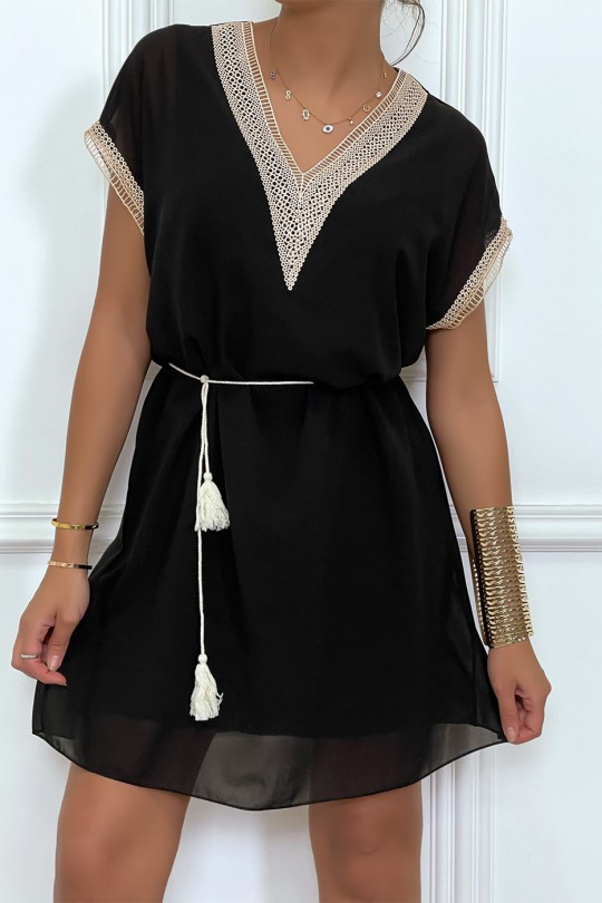 Black tunic dress with embroidery and beige lace belt - 4